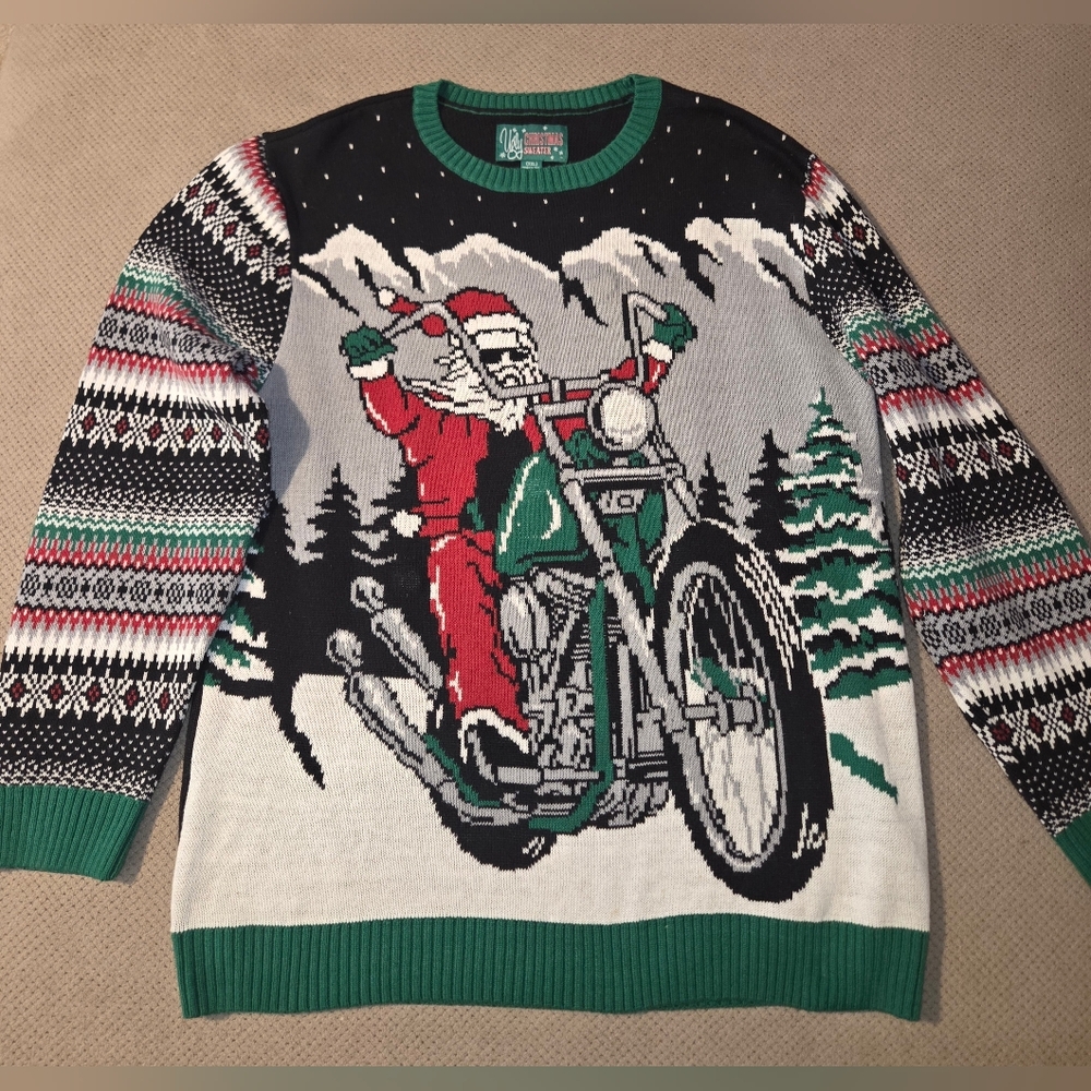 Ugly Christmas Sweater Santa on Motorcycle Party Holiday adult size XXL